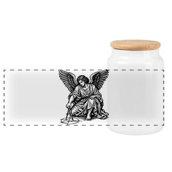 Angel dessinant des figures géométriques avec des boussoles - Boîte à biscuits avec couvercle en bois - blanc - Devant