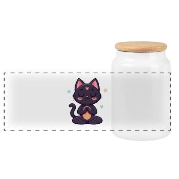 Schwarze Zen-Katze in Meditation - Panorama Keksdose mit Holzdeckel - Weiß - Vorne