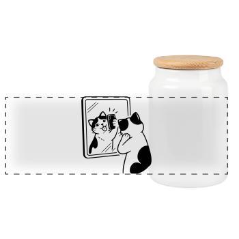 Cat Mirror Selfie - Panoramic Cookie Jar with Wooden Lid - white - Front