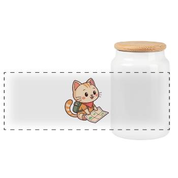 Chat Aventurier Carte et Sac Voyageur - Boîte à biscuits avec couvercle en bois - blanc - Devant