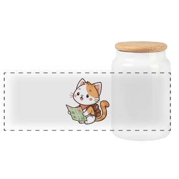 Kawaii explorer cat reading card - Panoramic Cookie Jar with Wooden Lid - white - Front