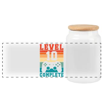10. Geburtstag Level 10 Complete 10 Jahre Gamer  - Panorama Keksdose mit Holzdeckel - Weiß - Vorne
