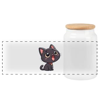 Black Cat in awe - Panoramic Cookie Jar with Wooden Lid - white - Front