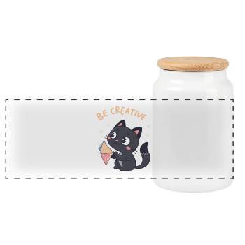 Kawaii Cat and Creative Kite - Panoramic Cookie Jar with Wooden Lid - white - Front