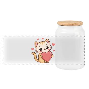 Cute kitten cartoon heart - Panoramic Cookie Jar with Wooden Lid - white - Front