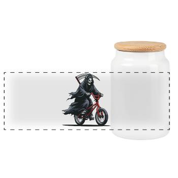 Faucheuse à vélo – Motif d’humour noir - Boîte à biscuits avec couvercle en bois - blanc - Devant