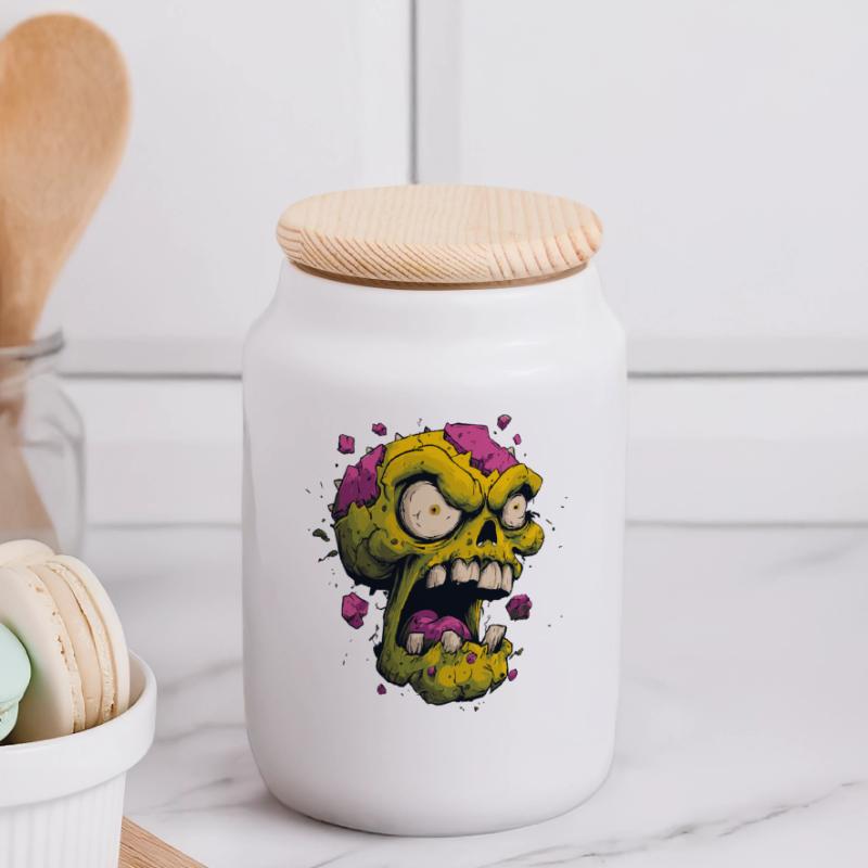 Exploding Skull – Comic Horror Motif Panoramic Cookie Jar with Wooden Lid