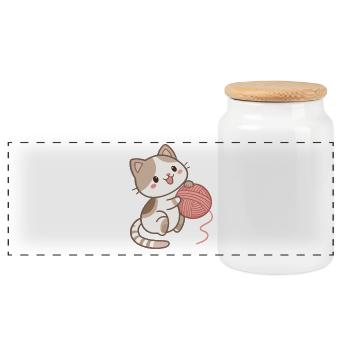 Kitten and Ball of Wool - Panoramic Cookie Jar with Wooden Lid - white - Front