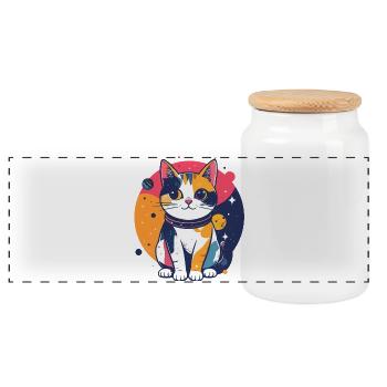 Weltraumkatze Farbwelt Katzenliebe Pop Kunst Motiv - Panorama Keksdose mit Holzdeckel - Weiß - Vorne