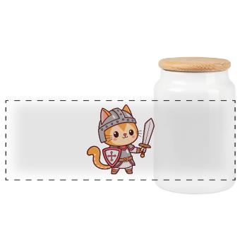 Kawaii-Ritterkatze mit Schwert - Panorama Keksdose mit Holzdeckel - Weiß - Vorne