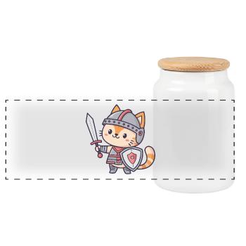 Miniature Knight Cat - Panoramic Cookie Jar with Wooden Lid - white - Front