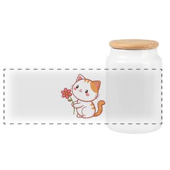 Süße Katze hält eine Blume - Panorama Keksdose mit Holzdeckel - Weiß - Vorne