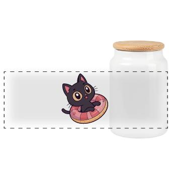 Schwarze Katze auf Donut-Boje - Panorama Keksdose mit Holzdeckel - Weiß - Vorne