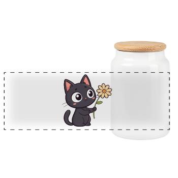 Kawaii Schwarze Katze und Gänseblümchen - Panorama Keksdose mit Holzdeckel - Weiß - Vorne