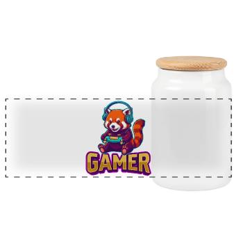 Red Panda Gamer with Headphones - Panoramic Cookie Jar with Wooden Lid - white - Front