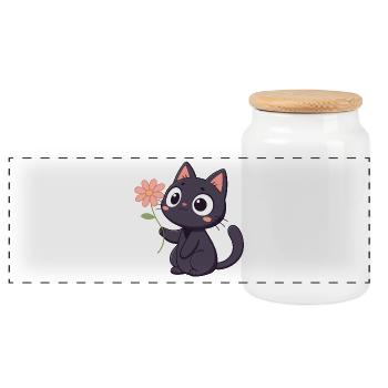 Kawaii Schwarze Katze mit Blume - Panorama Keksdose mit Holzdeckel - Weiß - Vorne