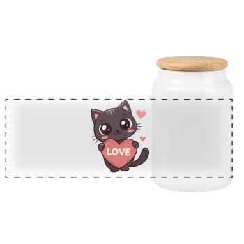 Kawaii Cat Holds Heart LOVE - Panoramic Cookie Jar with Wooden Lid - white - Front