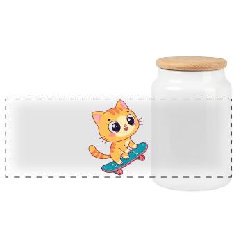 Kawaii kitten on skateboard - Panoramic Cookie Jar with Wooden Lid - white - Front