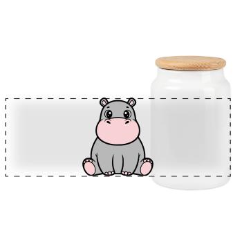 Cute Baby Hippopotamus Sitting Kawaii - Panoramic Cookie Jar with Wooden Lid - white - Front