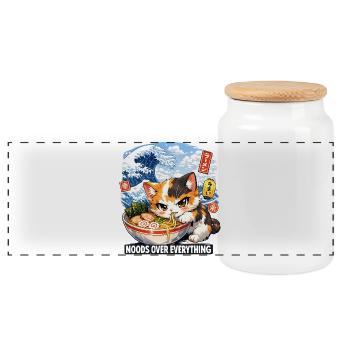 Japon Cat Ramen Nouilles Motif Vague Rétro - Boîte à biscuits avec couvercle en bois - blanc - Devant