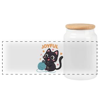 Chaton Joyful et Pelote - Boîte à biscuits avec couvercle en bois - blanc - Devant