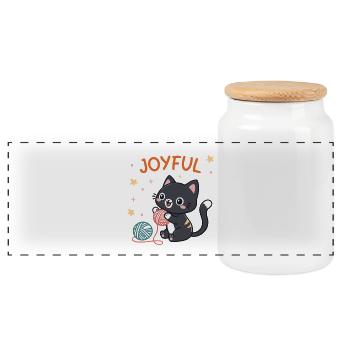 Happy Cat and Ball Player - Panoramic Cookie Jar with Wooden Lid - white - Front