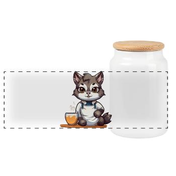 Coffee kitten in barista outfit - Panoramic Cookie Jar with Wooden Lid - white - Front