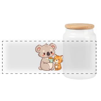 Koala und Katze Süßer Kaffee - Panorama Keksdose mit Holzdeckel - Weiß - Vorne