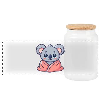 Kawaii Koala Wrapped in Pink Sheet - Panoramic Cookie Jar with Wooden Lid - white - Front