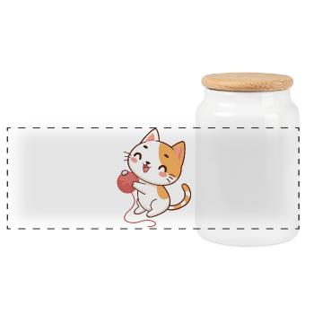 Chaton joyeux et pelote laine - Boîte à biscuits avec couvercle en bois - blanc - Devant