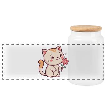 Kitten and flower - Panoramic Cookie Jar with Wooden Lid - white - Front