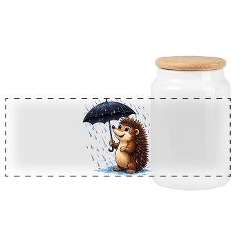 Fröhlicher Igel mit Regenschirm im Regen - Panorama Keksdose mit Holzdeckel - Weiß - Vorne