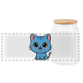 Cute Blue Cat - Kawaii Kitten Cartoon Design - Panoramic Cookie Jar with Wooden Lid - white - Front