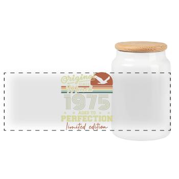 Birthday March 1975 - Panoramic Cookie Jar with Wooden Lid - white - Front