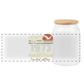 Birthday March 1973 - Panoramic Cookie Jar with Wooden Lid - white - Front