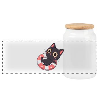 Schwarze Katze auf Bojenblüten - Panorama Keksdose mit Holzdeckel - Weiß - Vorne