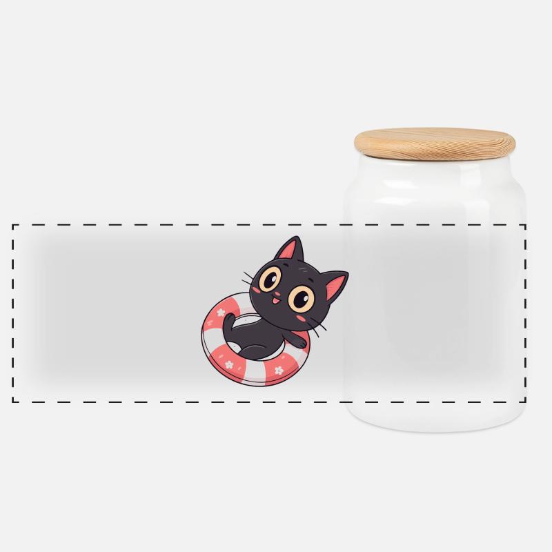 Schwarze Katze auf Bojenblüten - Panorama Keksdose mit Holzdeckel - Weiß