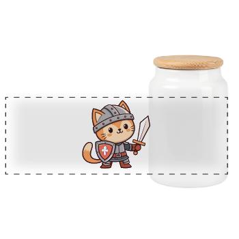 Adorable Armored Knight Cat - Panoramic Cookie Jar with Wooden Lid - white - Front