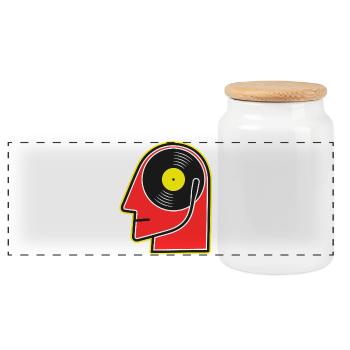 Vinyl Album Head Cartoon Portrait - Panoramic Cookie Jar with Wooden Lid - white - Front