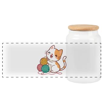 Chaton et Pelotes Colorées - Boîte à biscuits avec couvercle en bois - blanc - Devant