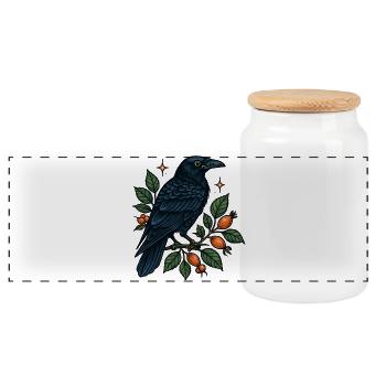 Midnight blue crow on the berry branch - Panoramic Cookie Jar with Wooden Lid - white - Front