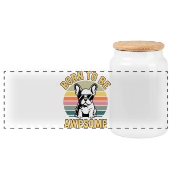 Born to be Awesome French Bulldog - Panoramic Cookie Jar with Wooden Lid - white - Front
