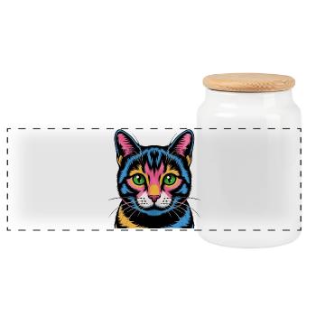 Bunte Pop-Art Katze Neonblick - Panorama Keksdose mit Holzdeckel - Weiß - Vorne