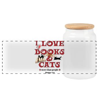 I Love Books & Cats – Bookworms and Cat Lovers - Panoramic Cookie Jar with Wooden Lid - white - Front