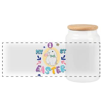 My first Easter, cute bunny with a bow - Panoramic Cookie Jar with Wooden Lid - white - Front