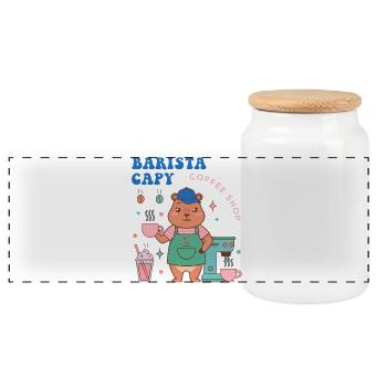 Capy Barista Coffee Shop Charm - Panoramic Cookie Jar with Wooden Lid - white - Front