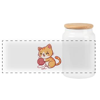 Happy playful kitten with ball - Panoramic Cookie Jar with Wooden Lid - white - Front