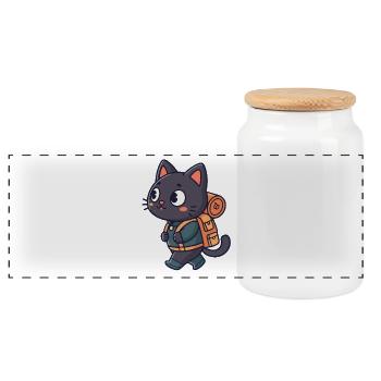 Chat randonneur aventurier pelucheux - Boîte à biscuits avec couvercle en bois - blanc - Devant