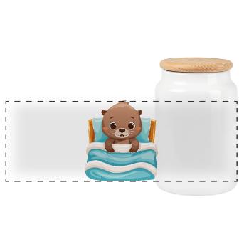 Cute otter cuddles in bed - Panoramic Cookie Jar with Wooden Lid - white - Front
