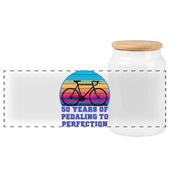 50 Jahre Pedalfahren mit dem Retro Sunset Rennrad - Panorama Keksdose mit Holzdeckel - Weiß - Vorne